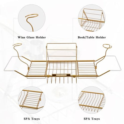 Expandable Bathtub Caddy Tray with Wine Holder & Reading Rack, Bronze | Adjustable 20"-38" fits most tubs,Includes Soap Dish Wine Holder and Laptop Reading Rack,Bathtub Tray for Home - color: Bronze