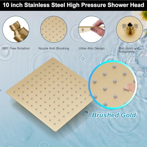 Midanya Shower Faucet Set with Handheld Sprayer,10 Inch,Brushed Gold | Rough-in Shower Valve and Trim Kit Included,Square Rain Head,Wall Mount Shower System,All Metal,Bathroom - color: Gold, size: 10 Inch