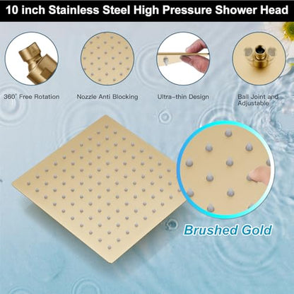 Midanya Shower Faucet Set with Handheld Sprayer,10 Inch,Brushed Gold | Rough-in Shower Valve and Trim Kit Included,Square Rain Head,Wall Mount Shower System,All Metal,Bathroom - color: Gold, size: 10 Inch