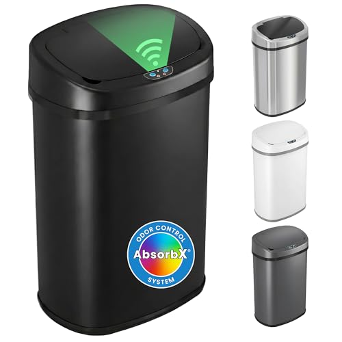 iTouchless Patented 13 Gallon Motion Sensor Trash Can with Lid & AbsorbX Odor Filter | 50L Black Stainless Steel Kitchen Garbage Bin, Fits Standard Bags, Long Battery Life, AC Adapter Compatible - color: Matte, Black