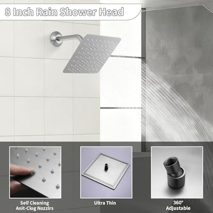 Dual Shower Mixer 6 Way Full Body Shower Head System Rain 12+8+8 Inch With Wall Mount 6 Pcs Jets 2 Handheld Shower Diverter Valve Digital Display Fauct Set, Brushed nickel - color: Brushed Nickel