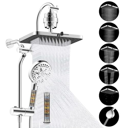 Hibbent 5-spray Filtered Rainfall Shower Head Combo, High Pressure 13'' Showerhead with 10 Spray Modes Handheld, All Metal 3 way Diverter Shower Arm, 71'' Hose and Holder, Chrome - color: Chrome, style: Square 13" with filter
