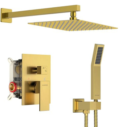 SR SUN RISE Shower Faucets Sets Complete Brushed Gold Square Rain Shower Head with Handheld Spray All Metal Shower Faucet Trim Repair Kits (Contain Shower Valve) - color: Brushed Gold, size: 10 Inch