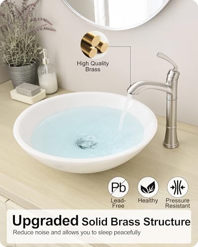 Brass Vessel Sink Faucet Brushed Nickel, Single Handle Tall Faucet for Bathroom Sink One Hole with Pop-Up Drain & Water Hoses, Save Water - color: Brushed Nickel