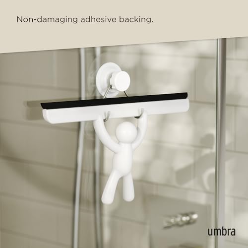 Umbra Buddy Adhesive Squeegee, Shower Glass and Mirror Cleaner, White | Streak-free flexible blade, mounts on tile or drywall, easy clean silicone, anti-rust plastic