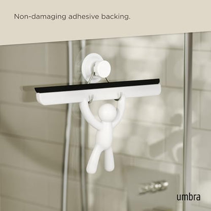 Umbra Buddy Adhesive Squeegee, Shower Glass and Mirror Cleaner, White | Streak-free flexible blade, mounts on tile or drywall, easy clean silicone, anti-rust plastic