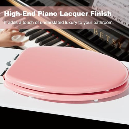 Elongated Slow Close Wood Toilet Seat, Pink Wooden Toilet Seat with Baked Enamel Finish Support 400 lbs, Oval Toilet Lid with Soft Close Chrome Hinges and Grip-Tight Bumpers, Easy to Clean and Install - color: Pink, size: Elongated Slow Close