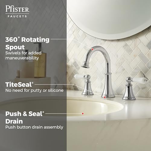 Pfister Courant 8 in Widespread 3 Hole Bathroom Sink Faucet 2 Handle Polished Chrome NSF Certified WaterSense Push & Seal Drain 360 Degree Swivel Spout LF049COPC - color: Polished Chrome, size: (Pack of 1)