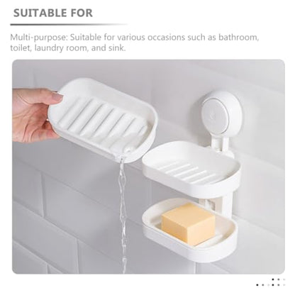 TOYANDONA Double Layer Wall Mount Soap Dish with Suction Cups, Detachable Plastic Soap Holder Rack for Bathroom Shower Drain Tray Organizer