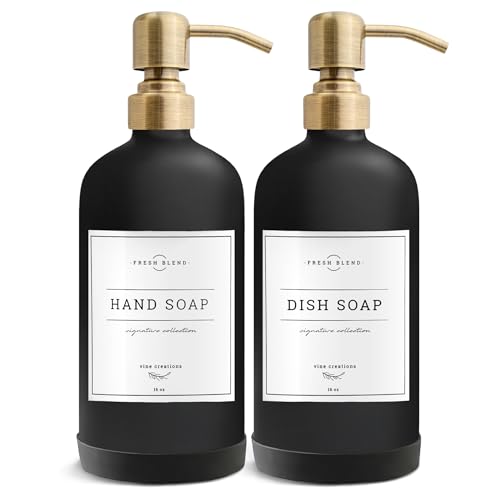 Vine Creations Black Glass Soap Dispenser, 2 Pack Kitchen Soap Dispenser Set with Stainless Steel Pump, 16 oz Dish Soap and Hand Soap Dispensers for Bathroom with Waterproof Labels - color: Matte Black Bottle / Brushed Brass Pump