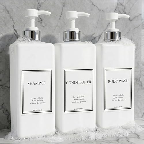 Modern Gold Design Pump Bottle Set 27 oz Refillable Shampoo and Conditioner Dispenser Empty Shower Plastic Bottles with Pump for Bathroom Lotion Body wash, Pack of 3 (White & Silver) - color: White & Silver
