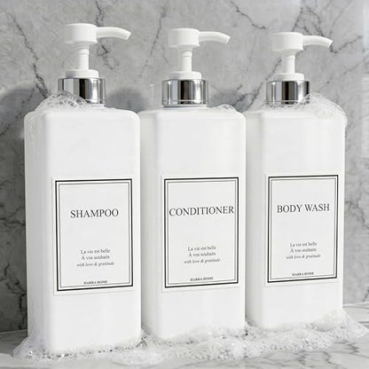 Modern Gold Design Pump Bottle Set 27 oz Refillable Shampoo and Conditioner Dispenser Empty Shower Plastic Bottles with Pump for Bathroom Lotion Body wash, Pack of 3 (White & Silver) - color: White & Silver