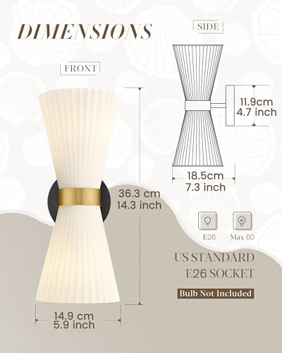 Wall Sconces Set of Two, HWH 14.3 Inch Black and Gold Bathroom Sconces with Frosted Milk White Striped Glass, Up Down Modern Wall Light fixtures for Living Room Bedroom, 5HZG97B-2W-2PK BK+BG - color: Black and Gold, size: 2-Light*2