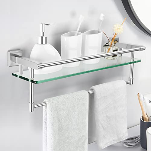 Glass Bathroom Shelf with Towel Bar, Stainless Steel Tempered Towel bar/Track Glass Bathroom Shelves Wall Mount Over The Toilet (Brushed Nickel, 20-inch) - color: Brushed Nickel, size: 20-inch with Railing