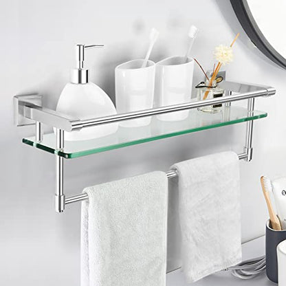 Glass Bathroom Shelf with Towel Bar, Stainless Steel Tempered Towel bar/Track Glass Bathroom Shelves Wall Mount Over The Toilet (Brushed Nickel, 20-inch) - color: Brushed Nickel, size: 20-inch with Railing