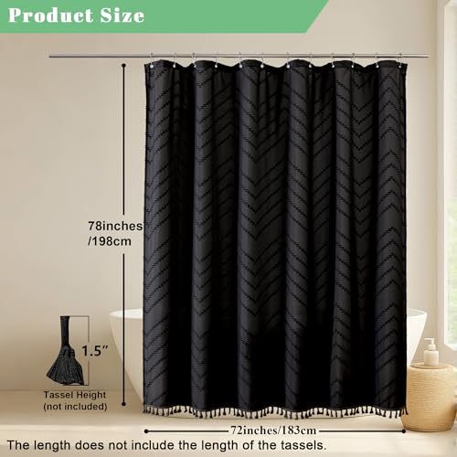Black Fabric Shower Curtain, Boho Shower Curtains for Bathroom Chic Tufted Chevron Striped Textured with Tassel, Soft Hotel Style Farmhouse, Machine Washable, 72x78, Black - color: Black, size: 72"W x 78"L (Pack of 1)