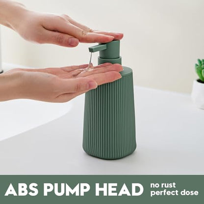 YAUKPH Small Soap Dispenser for Bathroom and Kitchen Matte Green | Modern Farmhouse Striped Style Plastic Hand Soap Dish Soap Dispenser with Pump - color: Sage Green