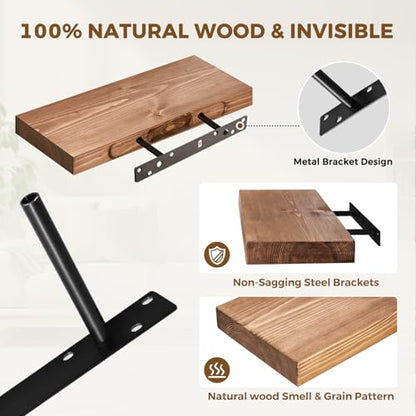 Solid Wood Floating Shelves, 17 Inch Wall Shelves, Set of 2, Brown | 8 Inch Deep, 1.6 Inch Thick, Extra-Wide Display Space, Mounting Hardware Included, For Kitchen, Bathroom and Living Room - color: Brown, size: 17x8x1.6