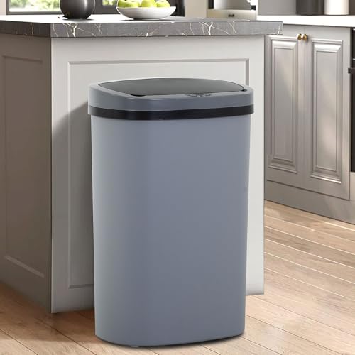 13 Gallon Trash Can,Soft Close Large Garbage Can with Lid,Automatic Indoor Smart Trashcans for Kitchen,Waterproof Trashcans for Kitchen,Touch-Free Trash Can,Gray - color: Gray, style: 1 piece