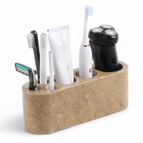 Toothbrush Holder for Bathrooms, 6 Slots Marble Toothbrush and Toothpaste Holder Stand Bathroom Organizer Countertop for Electric Toothbrush, Floss, Razor, Comb-Chestnut Brown - color: Brown, size: 6 Slots