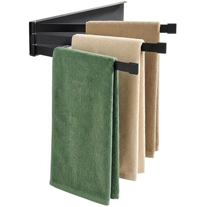 Swing Towel Holder Rack Matte Black | Wall Mounted Towel Bar, Swivel with 3-Arm for Bathroom Kitchen Storage