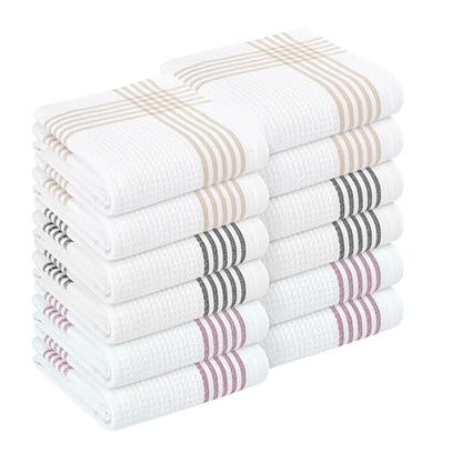 Multi White Kitchen Towels 12 Pack, 16x26 Inch, 100% Cotton Waffle Weave, Super Absorbent, Quick Dry, Reusable Dish Towels for Cleaning, Drying, Cooking, Beige, Black, Burgundy Wine - color: Beige, Black, Burgundy Wine, style: 12 Pack