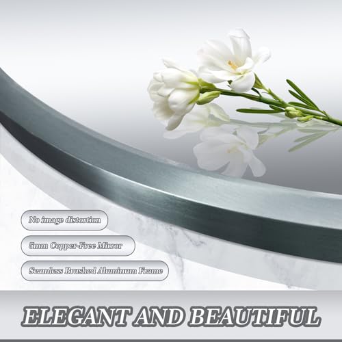 26inch Sliver Round Mirror,Aluminum Brush Framed,Wall Mounted Vanity Mirror,5MM Copper Free Mirror - size: 26"L x 26"W