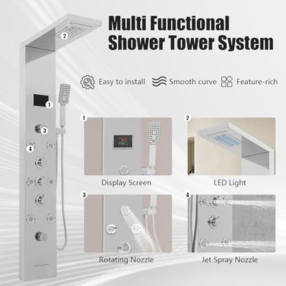 6-in-1 LED Shower Panel Tower System with 8 Adjustable Body Jets, Rainfall & Waterfall Shower, Smart Temperature Display, 59" Hose, Brushed Gold Stainless Steel, Wall Mounted (Silver) - color: Silver