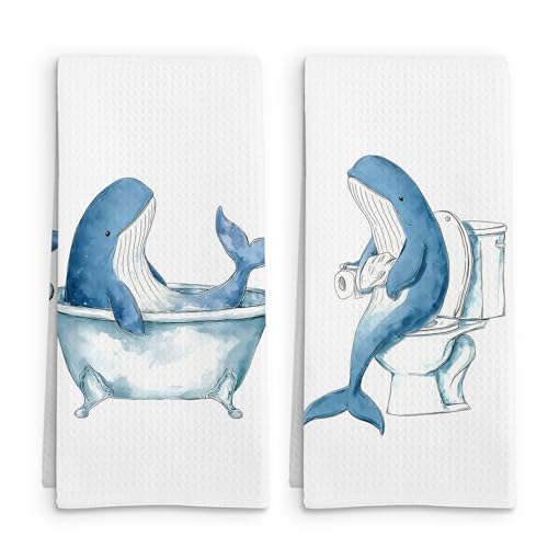 Whale Gifts Funny Hand Towels Set of 2, Whale Gifts for Kids Women Hand Towel, Cute Coastal Sea Animal Decorative Towels for Bathroom Washroom, Nautical Ocean Animal Bathroom Decor, 16x24in - color: Whale