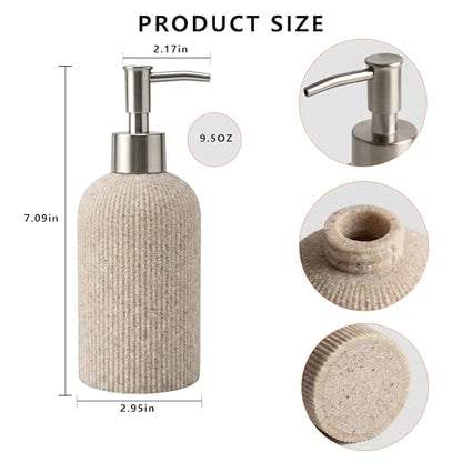 Hand Soap Dispenser with Brushed Metal Pump – Sandstone Resin, Farmhouse Decor for Bathroom & Kitchen, Rust Proof, Sand Beige, 9.5oz