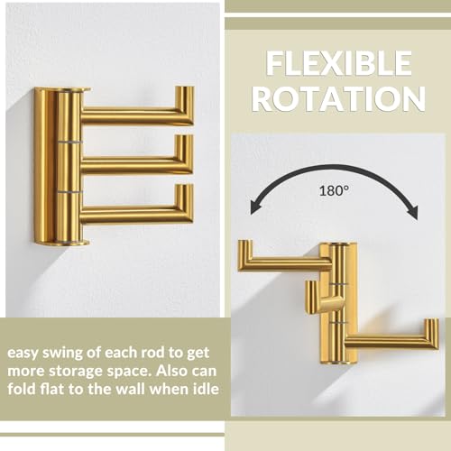 3-Arm Swivel Towel Hooks, 2 Pack, Brushed Gold, Wall Mounted | 304 Stainless Steel, Bathroom Kitchen Closet Use, Heavy Duty 11 lbs Wall Hooks for Towels, Dishrags, Easy 180° Rotate & Fold - color: Brushed Gold, size: 2 Pack