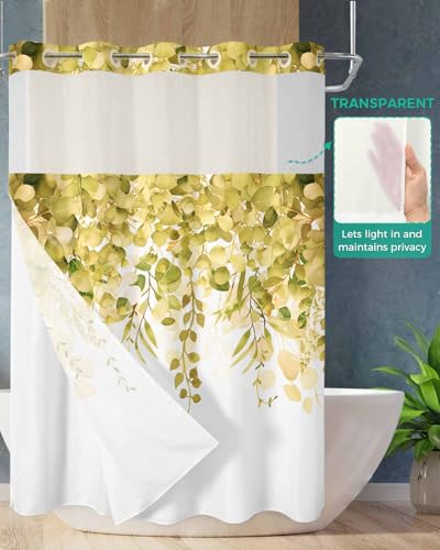 No Hook Shower Curtain and Snap in Liner Set, Yellow Eucalyptus Fabric Bathroom Stall Shower Curtains 48x72, See Through Mesh Top Window, Spring Summer Botanical Floral Leaves Country Hotel Style - color: Yellow, size: 48"W x 72"L (Pack of 1)