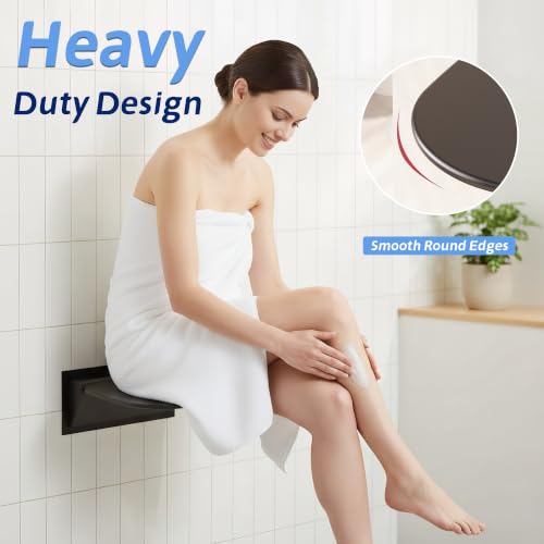 Wall Mounted Shower Seat 15.7" Folding Shower Seat with Embed CS Seat Bracket Bistable Structure UF Shower Seats Aluminum Base 440lb Load Capacity for Bathroom Remodel, Matte Black - size: Matte Black