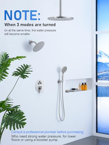 Woindo Shower Faucet Set 10" Rain Shower Head/8'' Side Shower Head and 3 Setting Handheld Ceiling Mount 3 Push Button Diverter Complete Rainfall Round Shower System Included Valve Trim Kit - color: Brushed Nickel, style: 10"-R-Ceiling-02