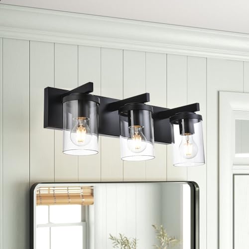 BONLICHT Modern 3-Light Vanity Light Fixture Black Bathroom Wall Light Over Mirror with Clear Glass Shade, Rustic Vintage Wall Sconce Lighting Farmhouse Wall Mounted Lamp for Powder Room Hallway - color: Black, size: 3 Lights Wall