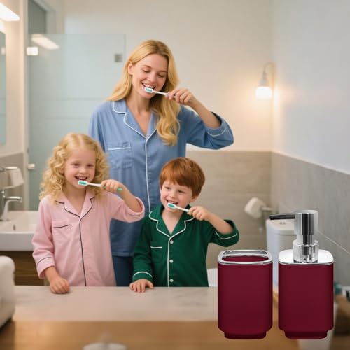 2Pcs Burgundy Bathroom Set, Square Boho Soap & Toothbrush Holder Set | Thick shatterproof ABS, electroplated rust-proof pump, drip-free, multi-slot holder, dustproof lids, easy-clean - color: Burgundy, size: 2PCS