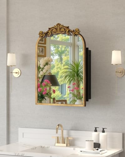16x24 Inch Bronze Medicine Cabinet Mirror with Hand-Made Vintage Carving Flower and Aluminum Frame, Full Metal Cabinet, Recessed & Surface Mount, 2 Shelves, Arched Mirror with Storage for Bathroom - color: 16"x24"