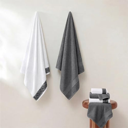 Modern Threads 600 GSM 6-Piece Towel Set with Filgree Jacquard Border Charcoal - color: Grey, style: Jacquard Border