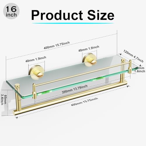Towel Rack with Shelf 16 Inch, Bathroom Shelf with Towel Bar Tempered Glass, Brushed Gold Modern Rustproof Stainless Steel Wall Mount - color: Brushed Gold, size: 16-inch with Railing
