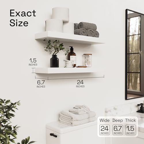 Solid Wood Floating Shelves for Wall 24 Inch White, Wooden Bathroom Shelf | Real Wood, Wall Mounted, Bedroom Kitchen Living Room, Thick, Heavy Duty, Farmhouse, White Finish, 24W x 6.7D, Set of 2 - color: White, size: 24 Inch