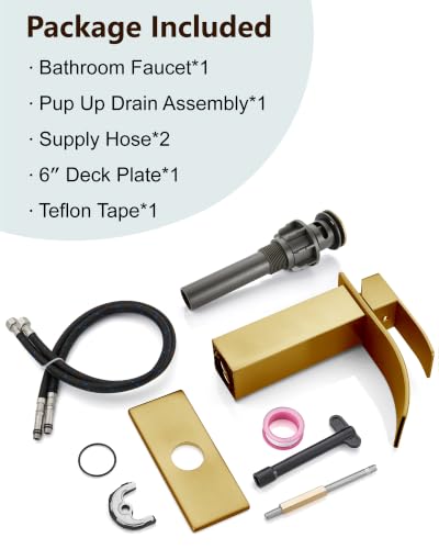 Midanya Waterfall Bathroom Faucet 1 Hole,Gold | with 24” Hoses,Pop Up Drain,6” Deck Plate,for 1 or 3 Hole Vanity,Lavatory,RV,Single Handle Bathroom Sink Faucet,NSF Certified - color: Gold