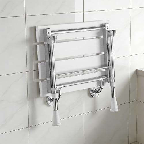 Folding Shower Seat Wall Mounted with Support Legs for Seniors, 350 lbs (White WPC) - color: White Wpc