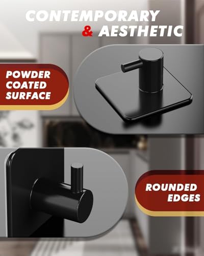 Auxmir Heavy Duty Adhesive Hooks, 5 Pack Stainless Steel Hooks 22 lb, Black | 22 lb max capacity, SUS304 stainless steel, no-drill installation, waterproof and rust-resistant for towels, robes and coats - color: 1.8"x1.8"- Black