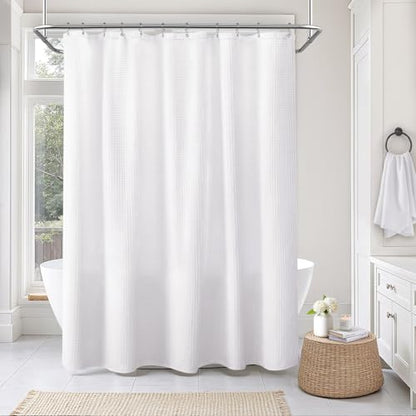 Long Waffle Weave Shower Curtain Heavyweight Cotton Fabric White 72Wx78L | Soft Cotton Cloth,3D Square Truely Waffle Washable, Hotel Luxury Spa, Shower Curtain Set for Bathroom 12 Plastic Hooks - color: White, size: Long 72"W x 78"L