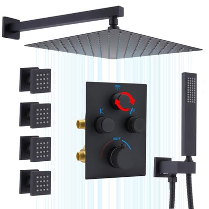 Rain Shower System,12 Inch Wall Mounted Rain Shower Head with Body Jets and Handheld Shower, Push Button Thermostatic Shower Faucet Set, Can Use all Options at a Time, Matte Black - color: Matte Black, style: 12inch+4 body jets