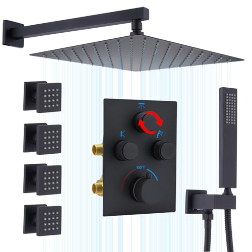 Rain Shower System,12 Inch Wall Mounted Rain Shower Head with Body Jets and Handheld Shower, Push Button Thermostatic Shower Faucet Set, Can Use all Options at a Time, Matte Black - color: Matte Black, style: 12inch+4 body jets