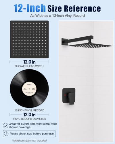 Heyalan 12 Inch Square Rain Shower Faucet Set with Valve, Matte Black | Female-thread 1/2-inch NPT connections, SUS304 shower head, brass rough-in valve, single-handle control Shower Set - color: Black, size: 12 Inch Square Shower Head