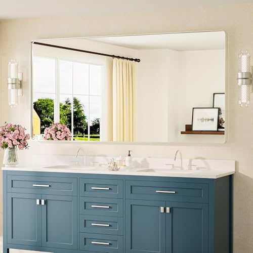 TETOTE 72 x 36 Inch Brushed Nickel Mirror Metal Framed Bathroom Mirror, Tempered Glass, Modern Farmhouse Wall Mounted Mirror for Decorative(Horizontal/Vertical) - color: Brushed Nickel, size: 36"L x 72"W