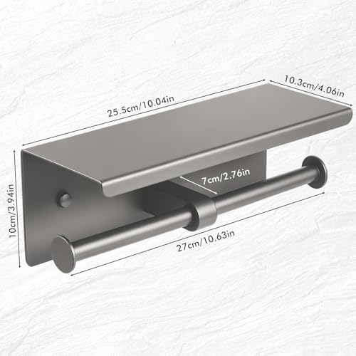 Double Toilet Paper Holder with Shelf, Wall Mount Tissue Roll Holder for Bathroom, 304 Stainless Steel Commercial Toilet Tissue Dispensers with Phone Shelf(Grey) - color: Grey