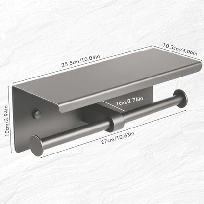 Double Toilet Paper Holder with Shelf, Wall Mount Tissue Roll Holder for Bathroom, 304 Stainless Steel Commercial Toilet Tissue Dispensers with Phone Shelf(Grey) - color: Grey